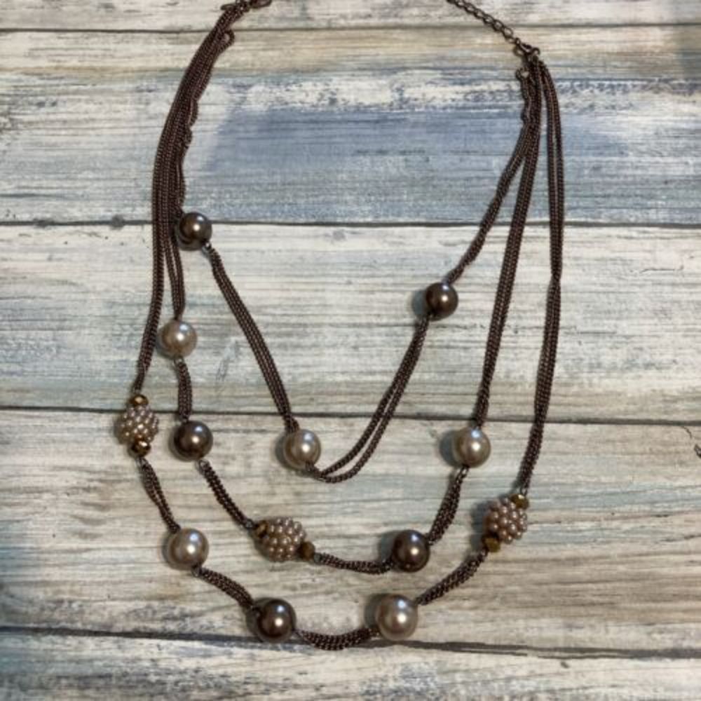 RNM Roman Copper Tone‎ Faux Pearls Multi-strand Necklace 20" Brown